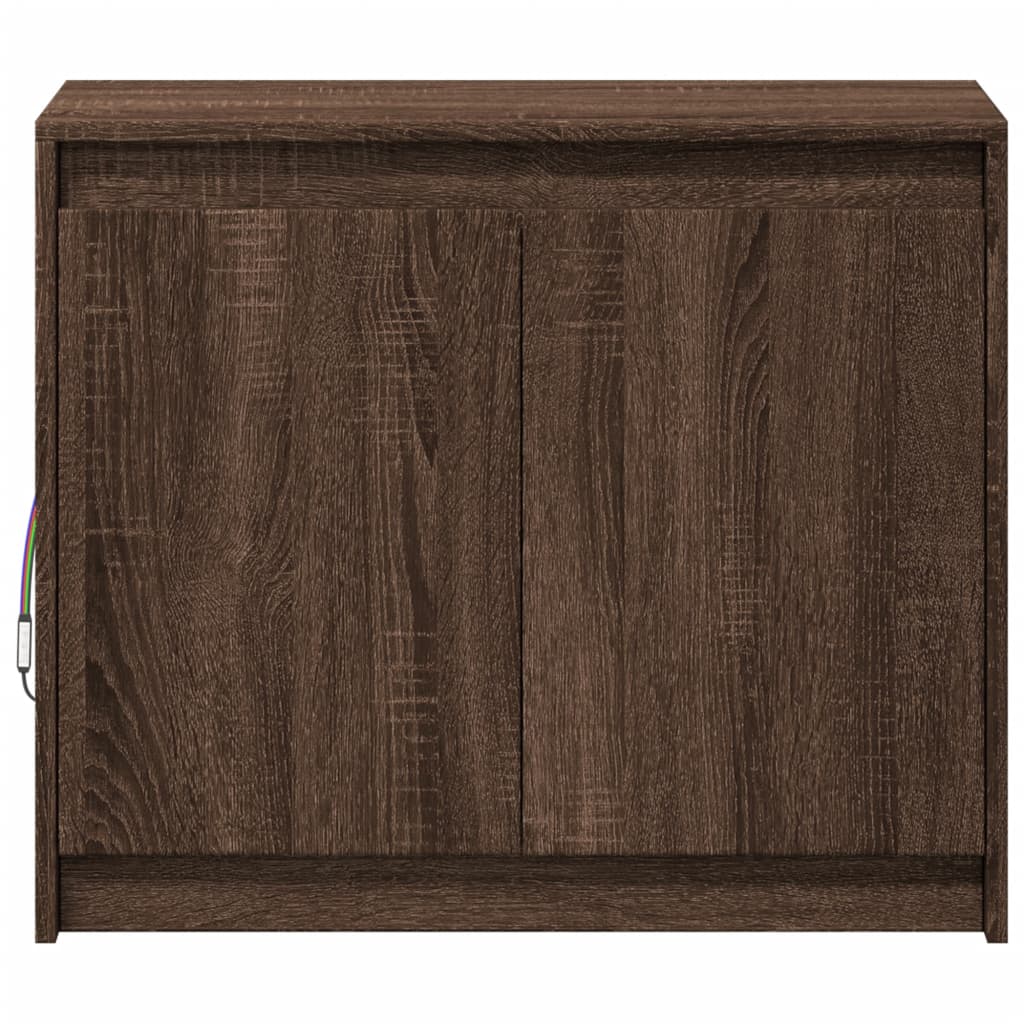 skab med LED-lys 72x34x61 cm konstrueret træ brun egetræsfarve
