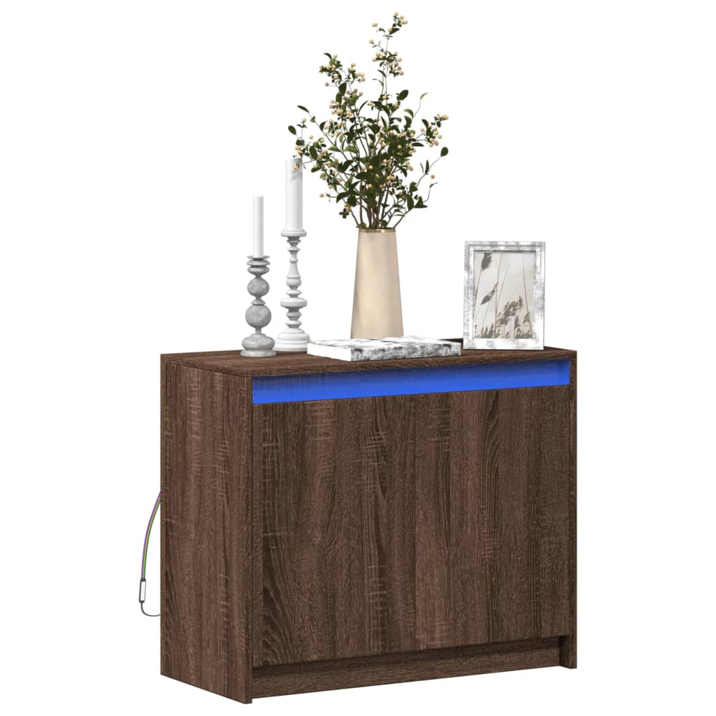 skab med LED-lys 72x34x61 cm konstrueret træ brun egetræsfarve