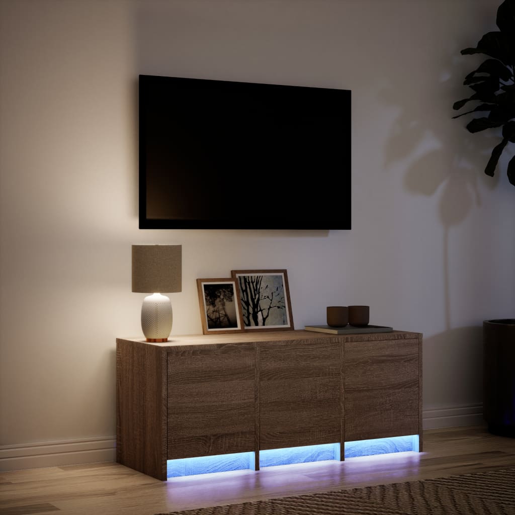 tv-bord m. LED-lys 97x34x40 cm konstrueret træ brunt eg