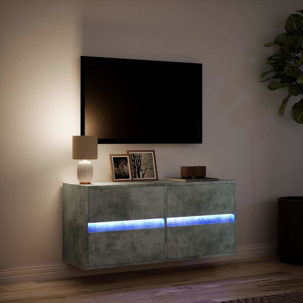 væghængt tv-bord med LED-lys 100x31x45 cm betongrå