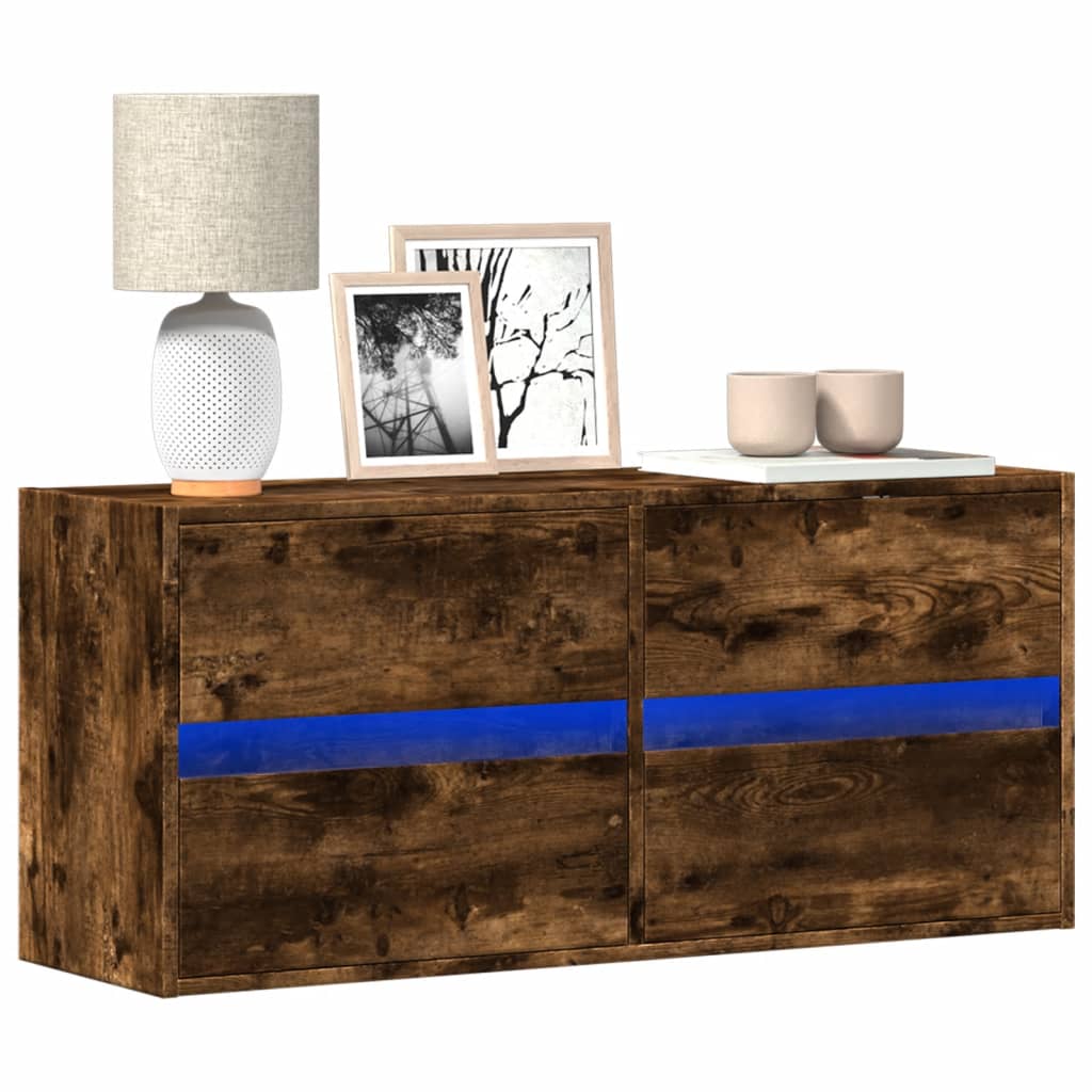 væghængt tv-bord med LED-lys 100x31x45 cm røget egetræsfarve