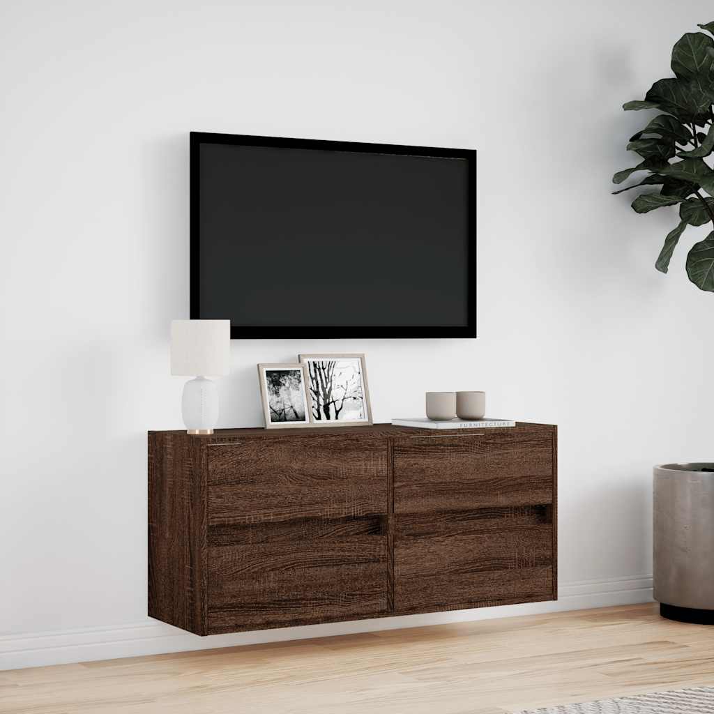 væghængt tv-bord med LED-lys 100x31x45 cm brun egetræsfarve