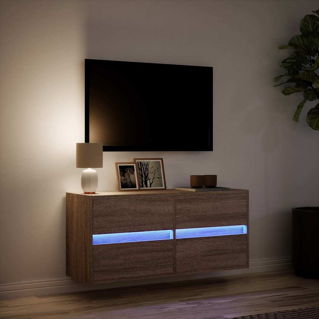 væghængt tv-bord med LED-lys 100x31x45 cm brun egetræsfarve