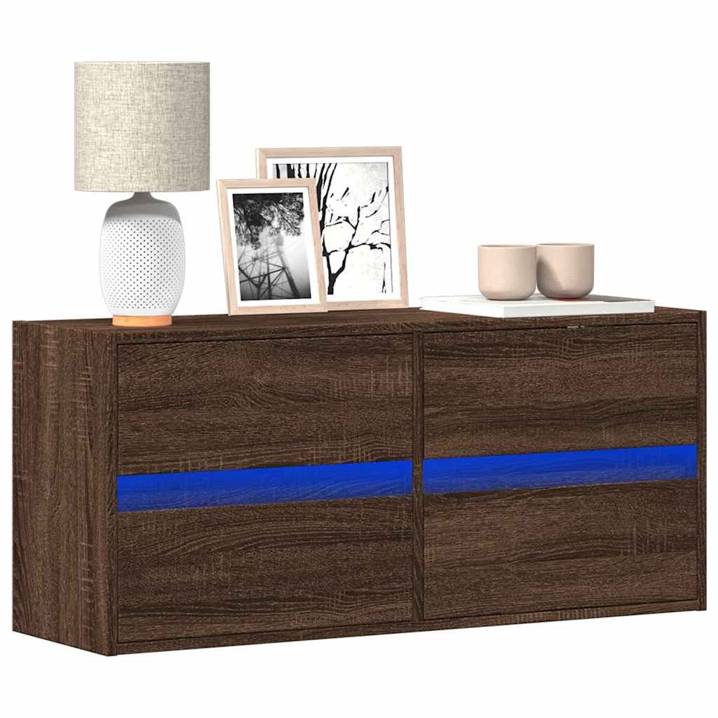 væghængt tv-bord med LED-lys 100x31x45 cm brun egetræsfarve