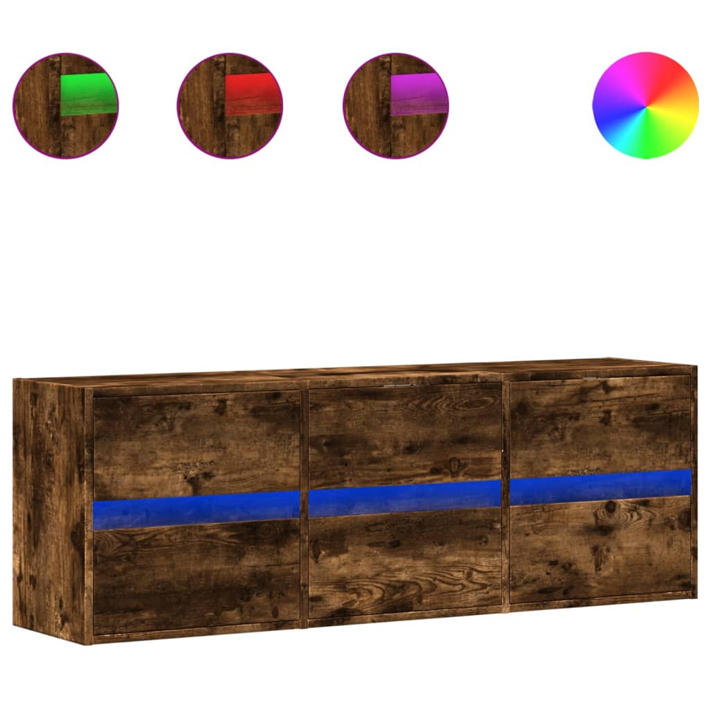 væghængt tv-bord med LED-lys 130x31x45 cm røget egetræsfarve