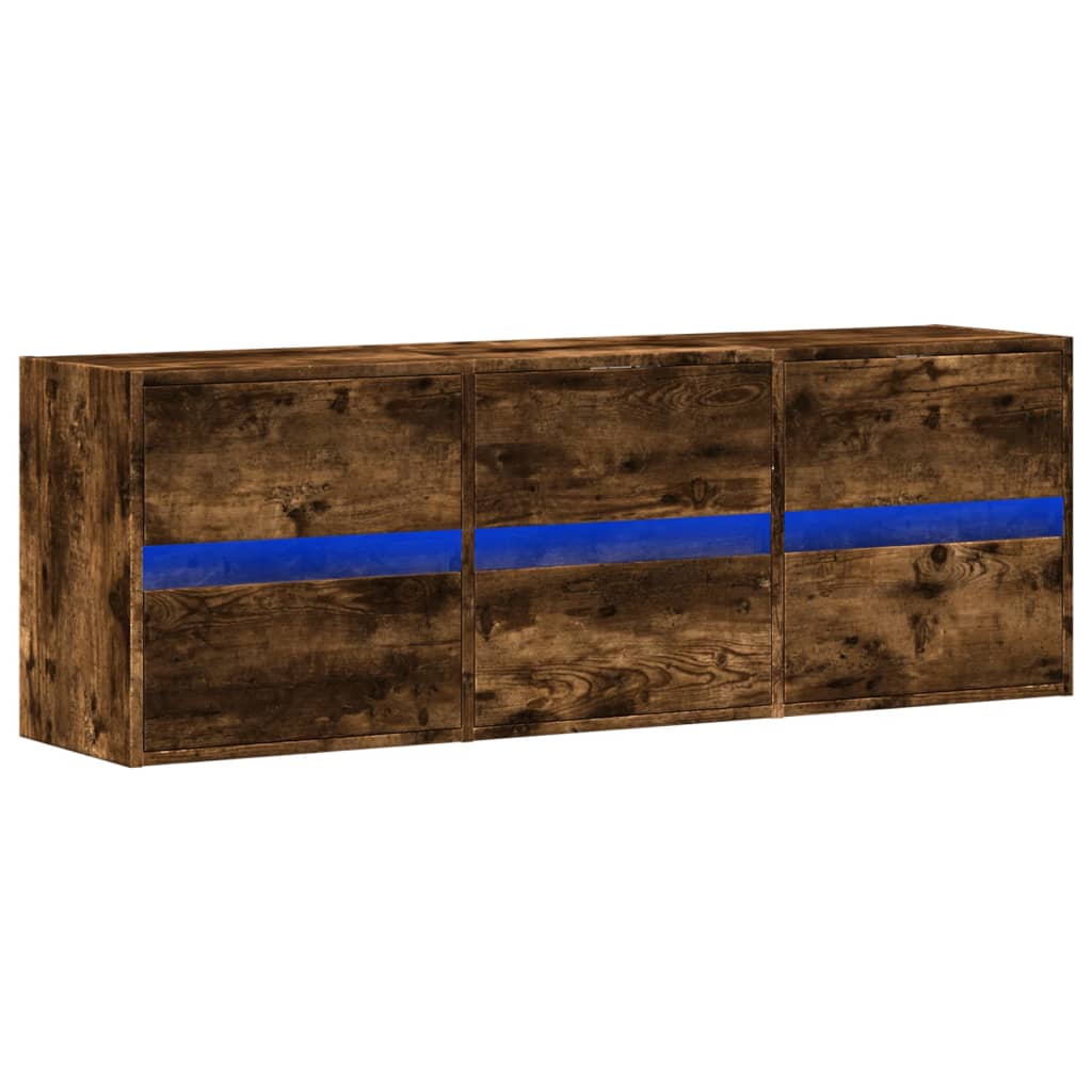 væghængt tv-bord med LED-lys 130x31x45 cm røget egetræsfarve