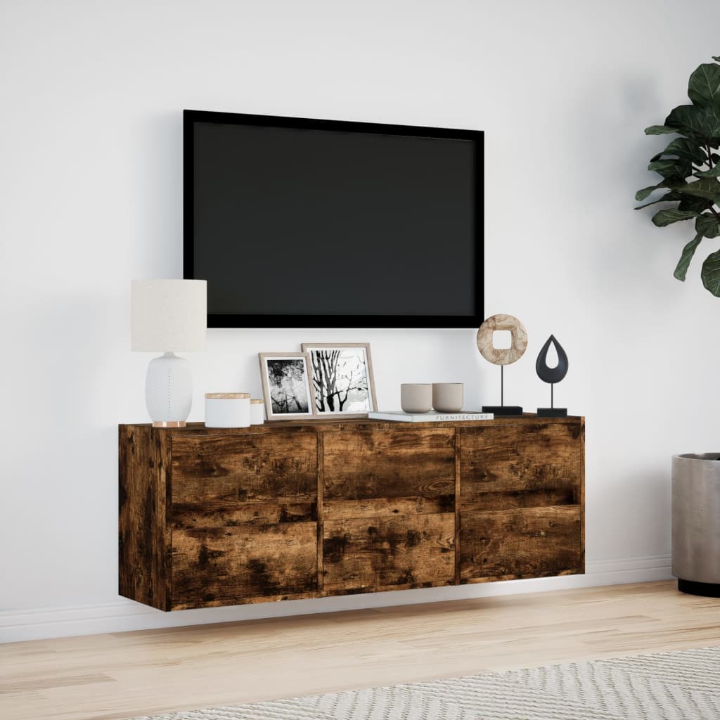 væghængt tv-bord med LED-lys 130x31x45 cm røget egetræsfarve