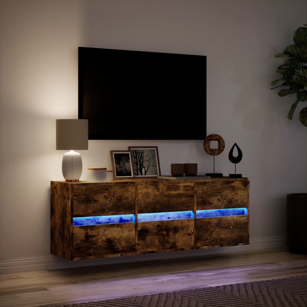 væghængt tv-bord med LED-lys 130x31x45 cm røget egetræsfarve