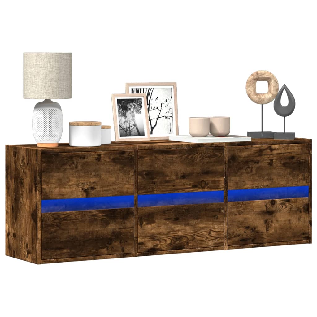væghængt tv-bord med LED-lys 130x31x45 cm røget egetræsfarve