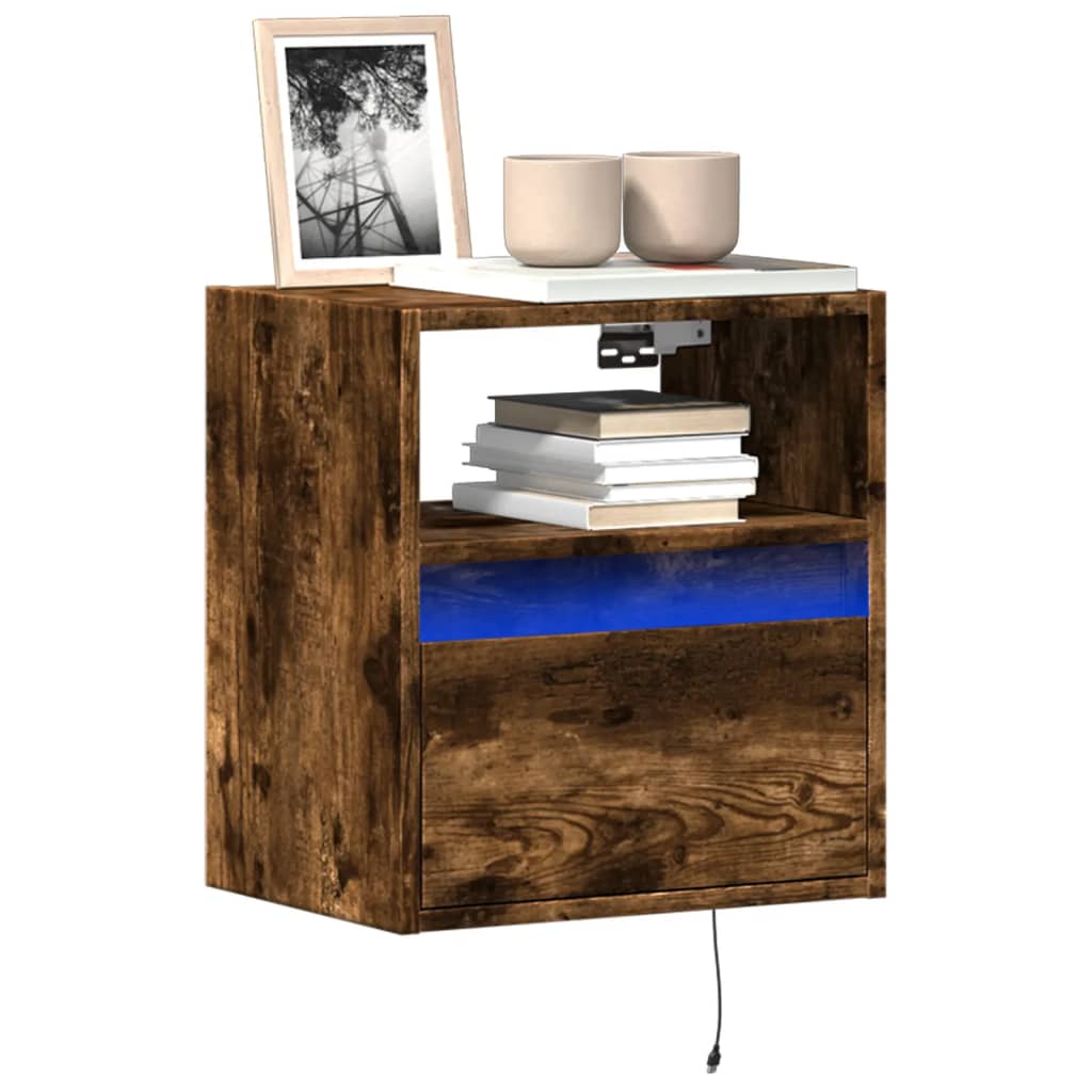 væghængte tv-borde 2 stk. med LED-lys 41x31x45 cm røget eg