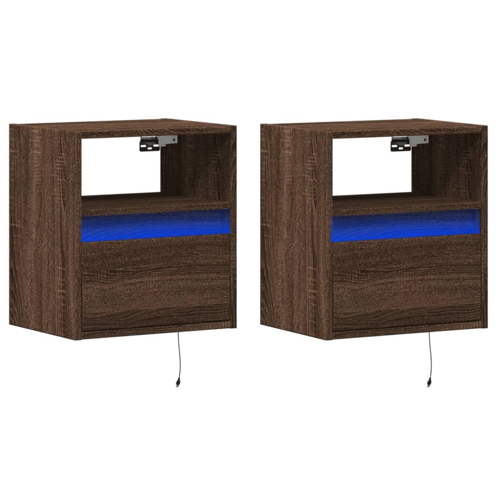 væghængte tv-borde 2 stk. med LED-lys 41x31x45 cm brunt eg