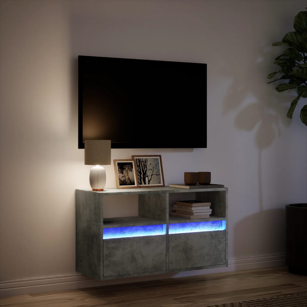 væghængt tv-bord med LED-lys 80x31x45 cm betongrå