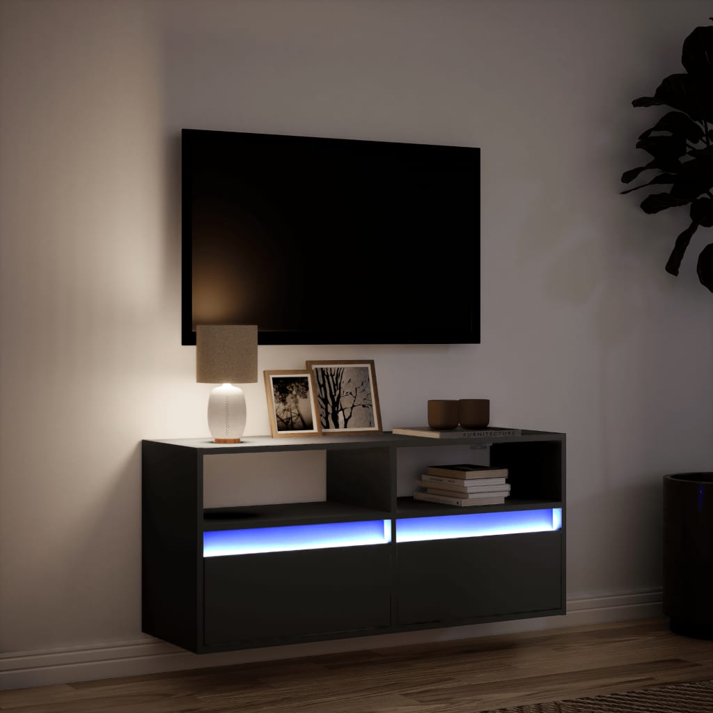 væghængt tv-bord med LED-lys 100x31x45 cm sort