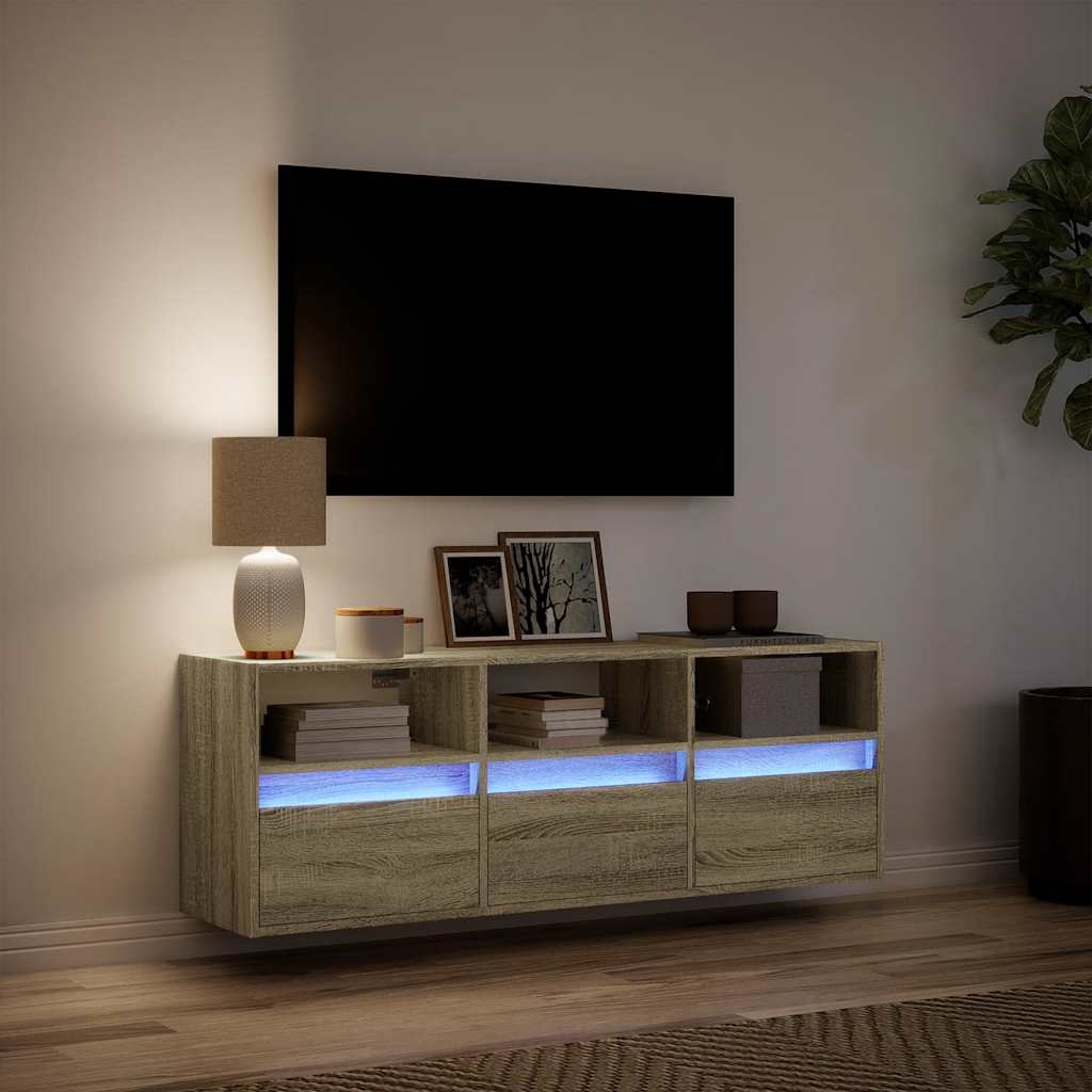 væghængt tv-bord med LED-lys 130x31x45 cm sonoma-eg