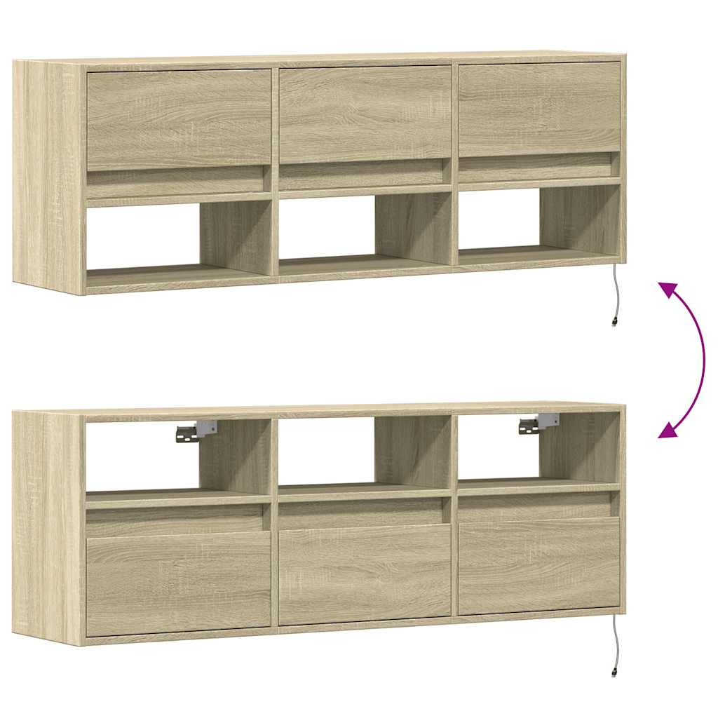 væghængt tv-bord med LED-lys 130x31x45 cm sonoma-eg