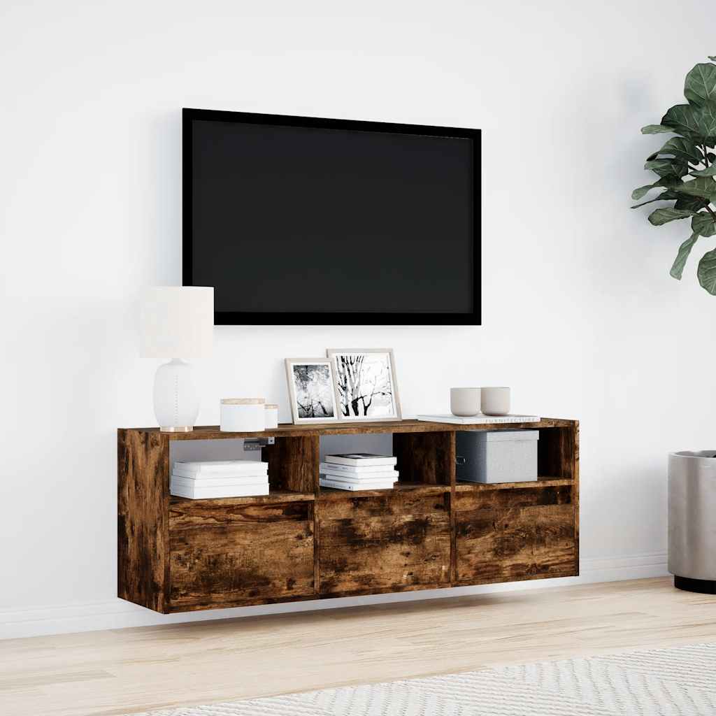 væghængt tv-bord med LED-lys 130x31x45 cm røget egetræsfarve