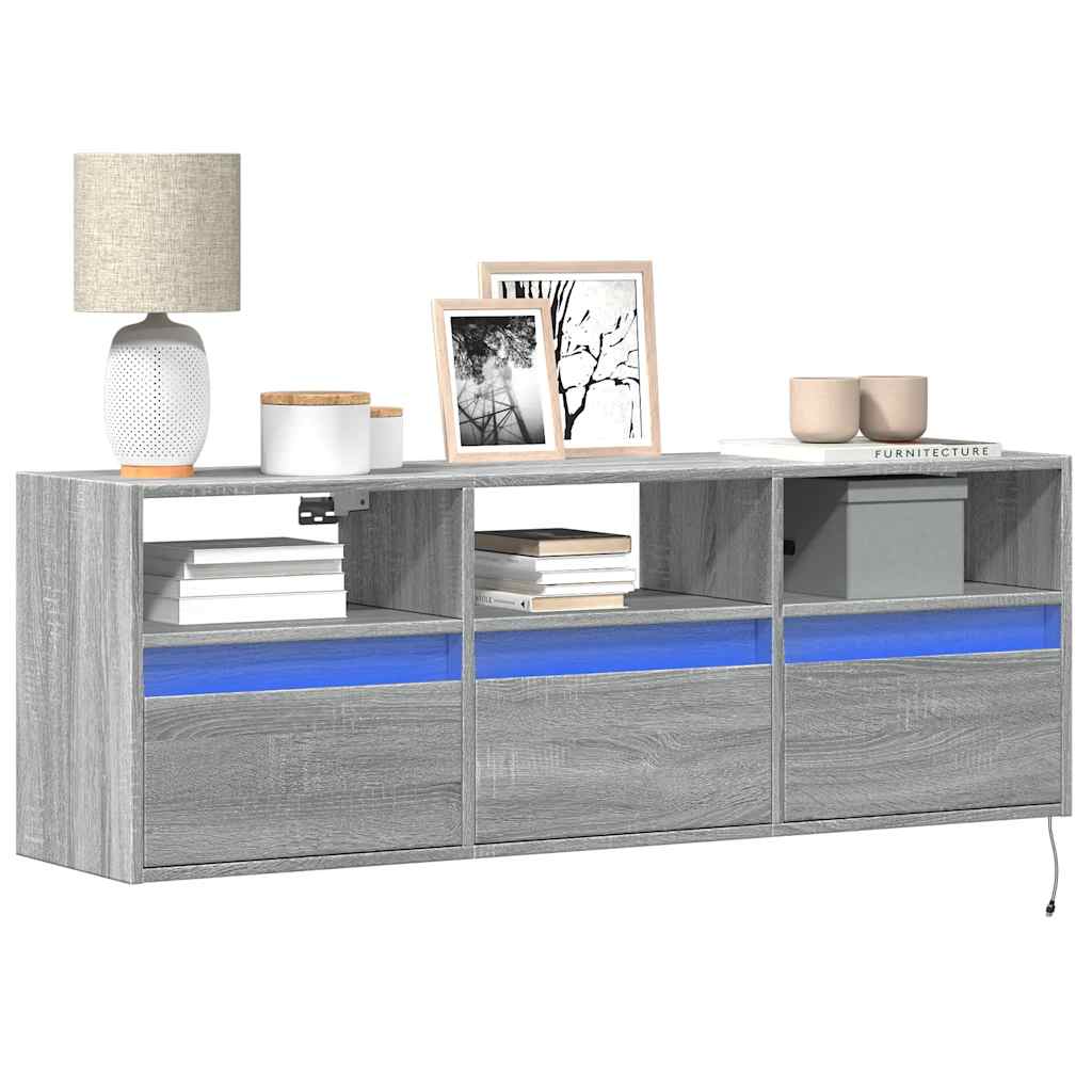 væghængt tv-bord med LED-lys 130x31x45 cm grå sonoma-eg