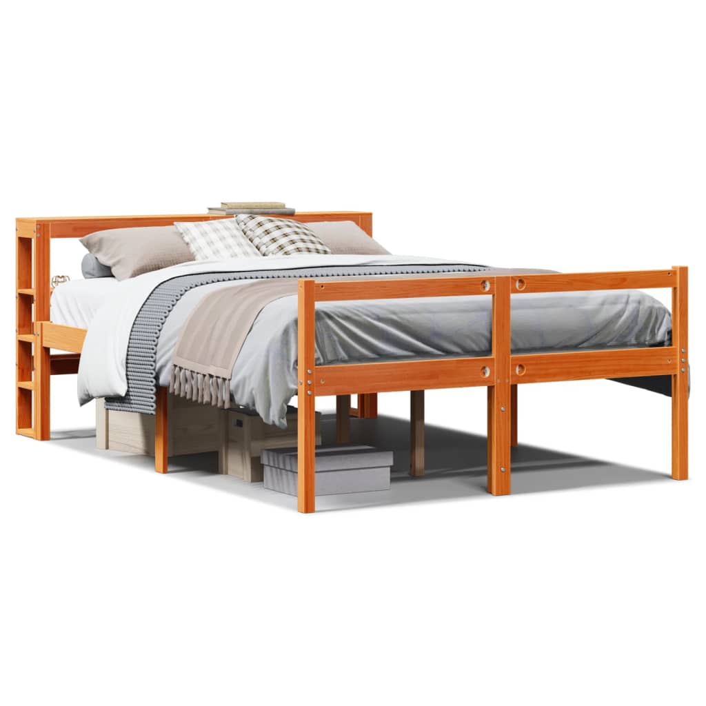sengeramme med sengegavl 135x190 cm massivt fyrretræ gyldenbrun