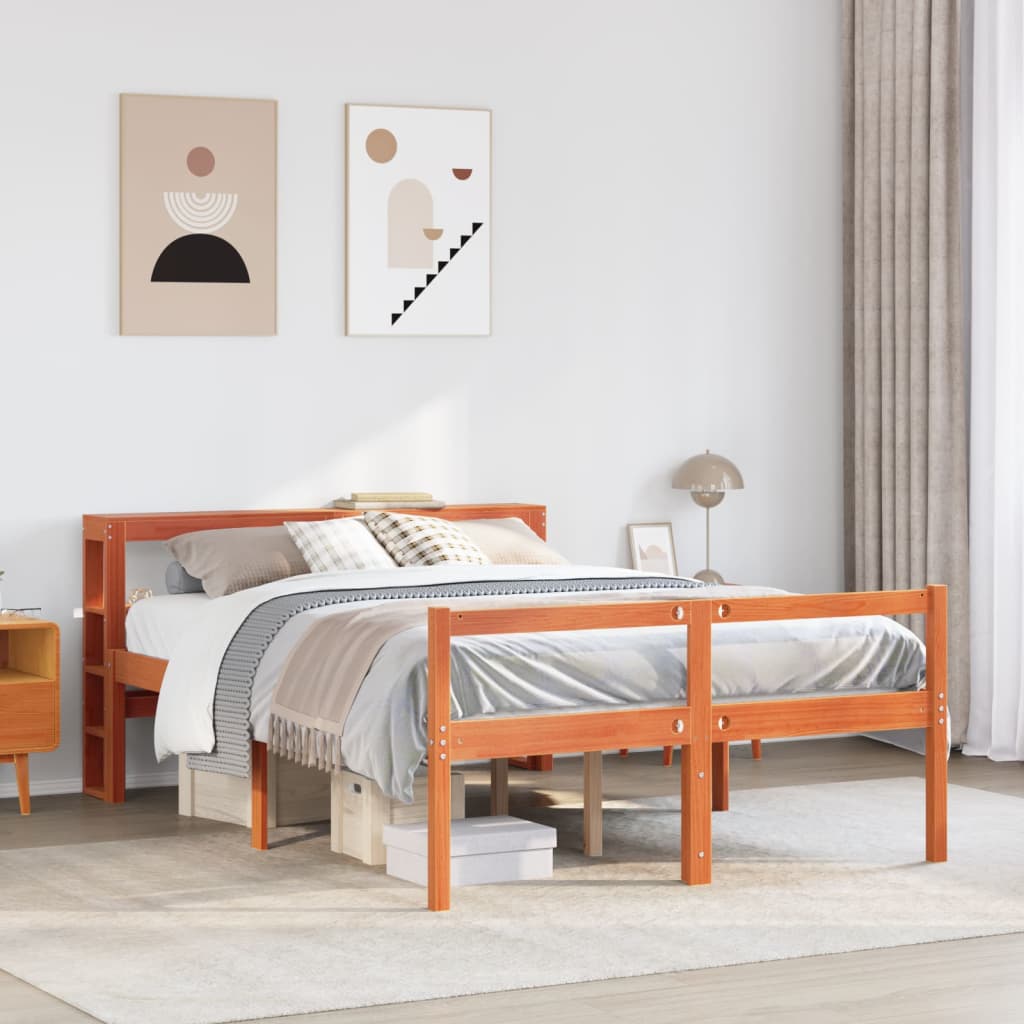 sengeramme med sengegavl 140x190 cm massivt fyrretræ gyldenbrun