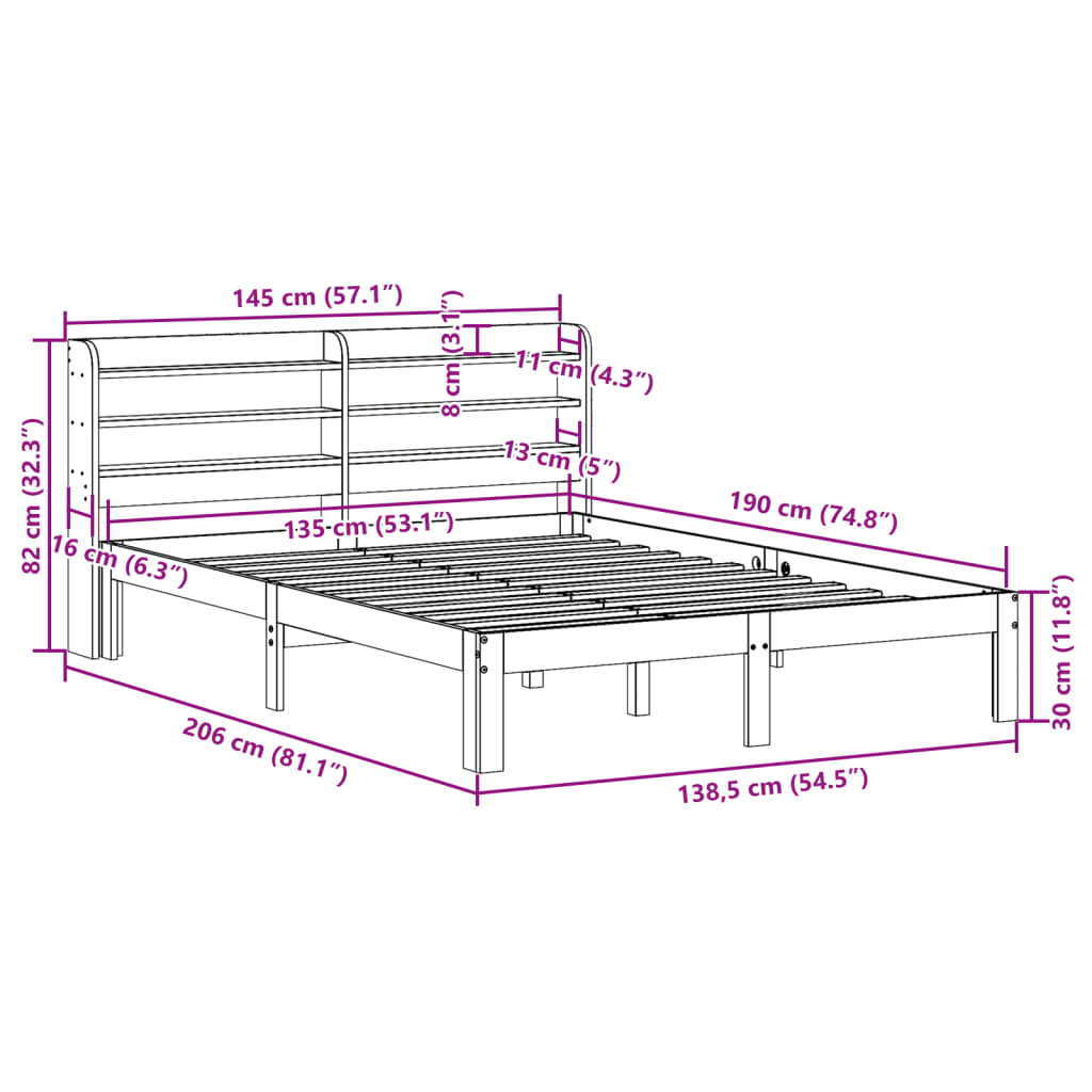 sengeramme uden madras 135x190 cm massivt fyrretræ brun