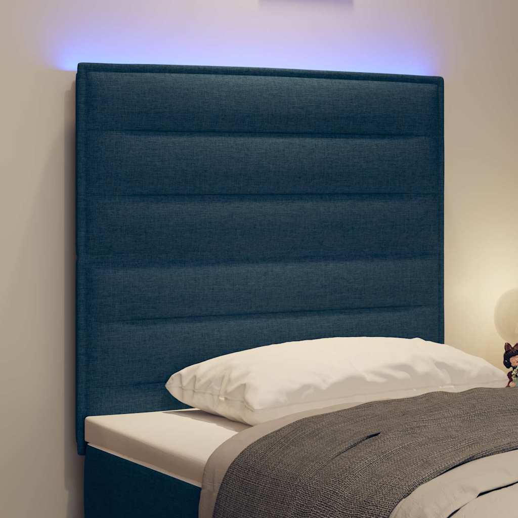 LED sengegavl med LED-lysstrimler med hovedgærde Blå 90 cm Stof