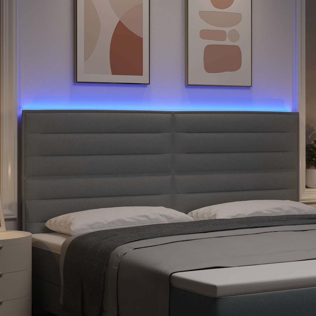 LED sengegavl med LED-lysstrimler Lysegrå 200 cm Stof