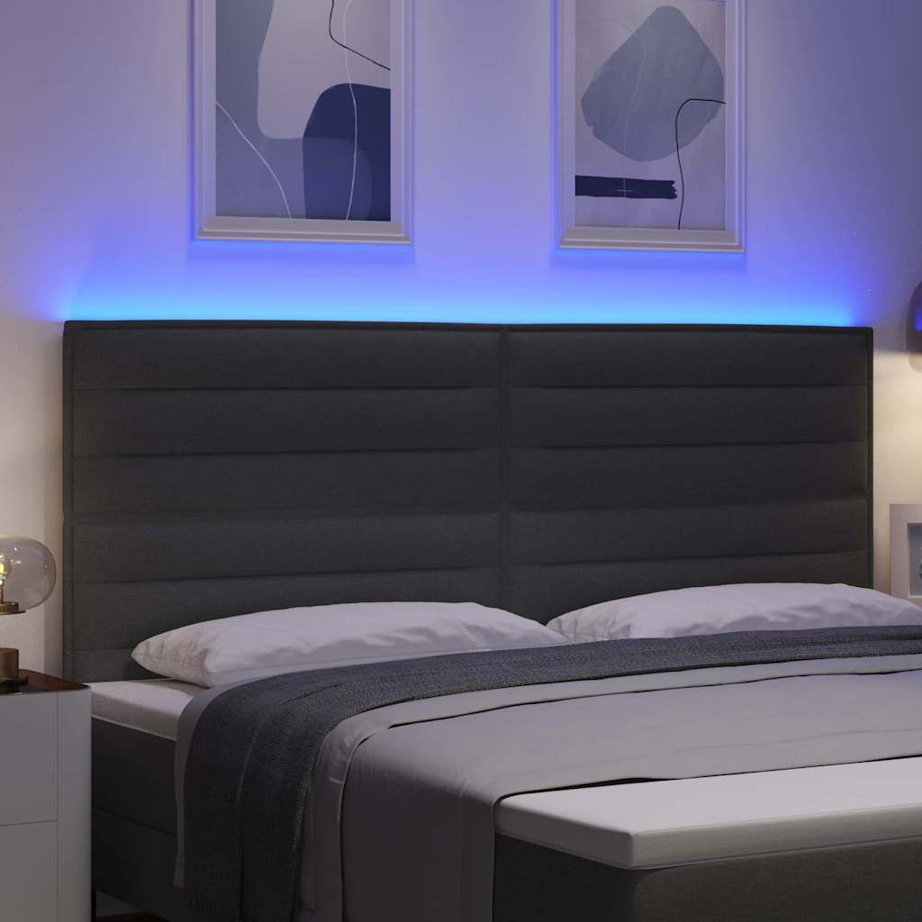 LED sengegavl med LED-lysstrimler Mørkegrå 200 cm Stof