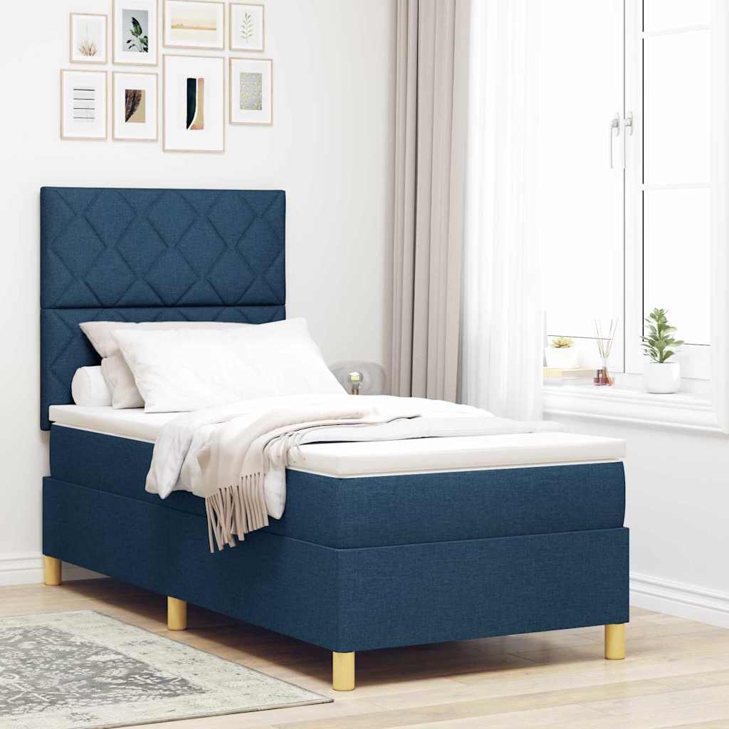 Box spring seng med madras med hovedgærde Blå 90 x 200 cm Stof