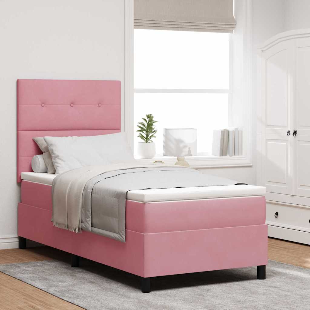 Box Spring Seng Med Hovedgærde Fløjl - Lyserød / 90 X 190 cm / Knap-tuftet