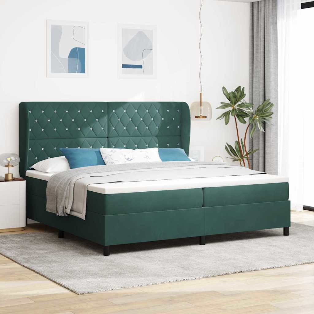 Box spring seng med hovedgærde Mørkegrøn 200 x 200 cm Fløjl