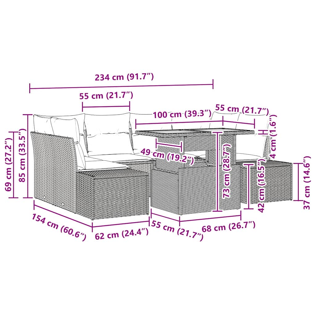 Havesofa Sæt 7 stk. Sort polyrattan