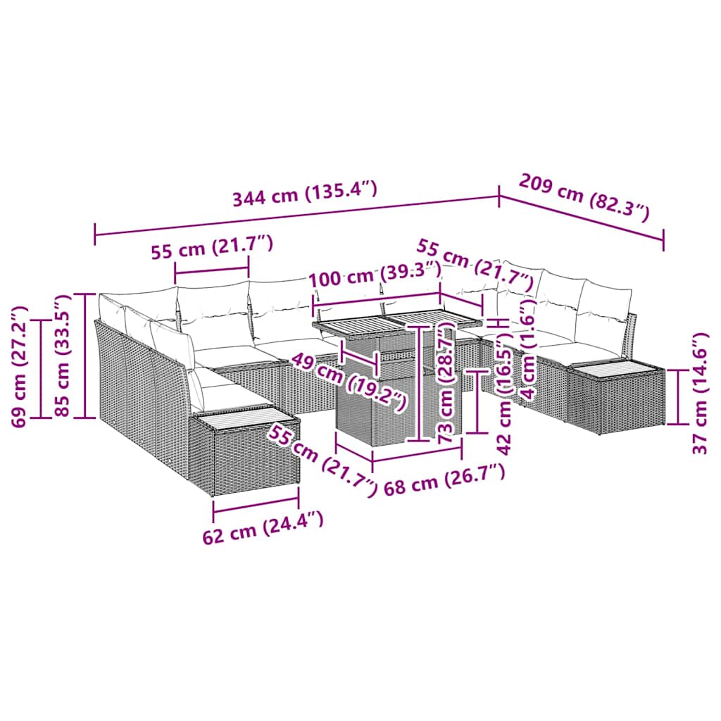 Havesofa Sæt 11 stk. Sort polyrattan