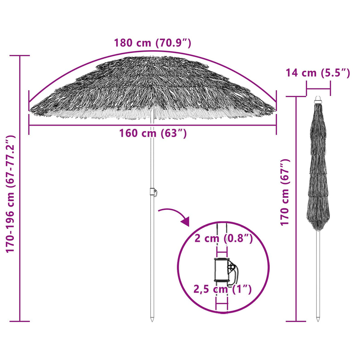 Strand Parasol 160 x 160 x 196 cm Polyester og Stål Naturfarvet