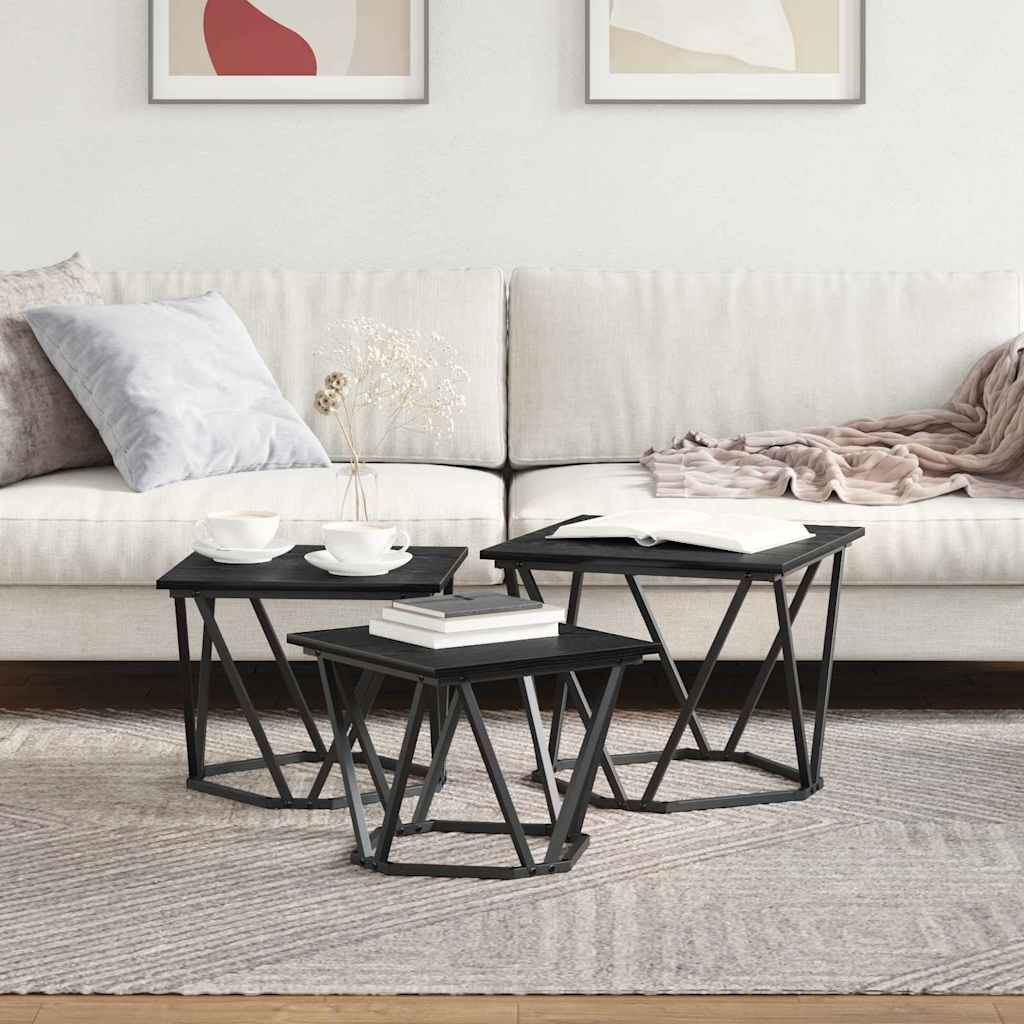 Sofabord 3 stk. Sort eg 50 x 50 x 40 cm Ingeniørtræ og stål