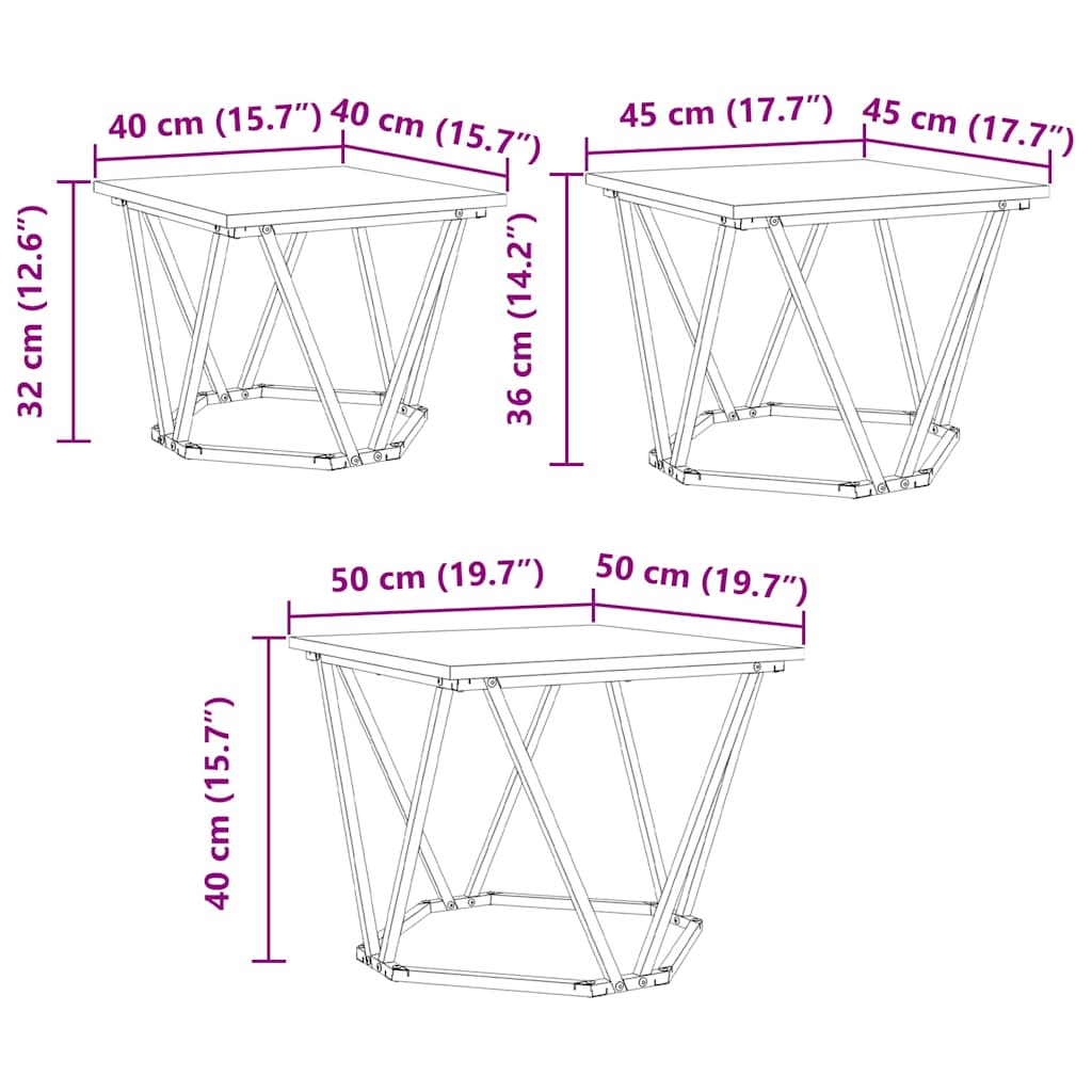 Sofabord 3 stk. Sort eg 50 x 50 x 40 cm Ingeniørtræ og stål