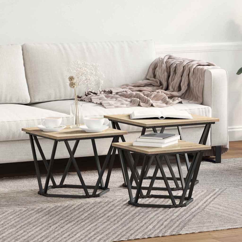 Sofabord 3 stk. Sonoma eg 50 x 50 x 40 cm Ingeniørtræ og stål