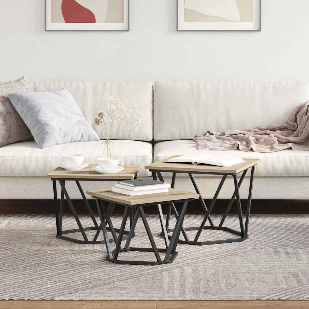 Sofabord 3 stk. Sonoma eg 50 x 50 x 40 cm Ingeniørtræ og stål