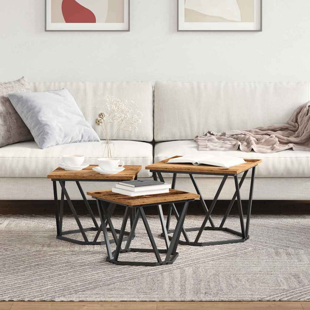 Sofabord 3 stk. Gammelt træ 50 x 50 x 40 cm Ingeniørtræ og stål