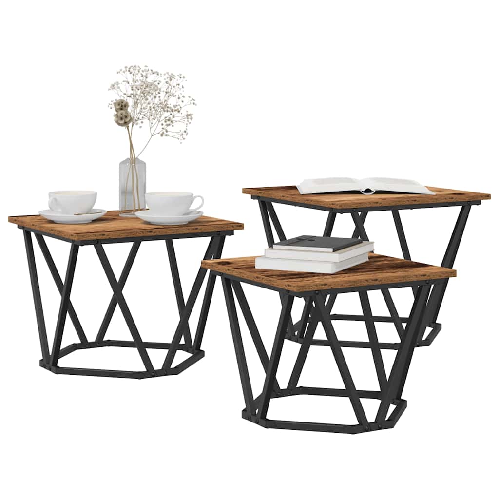 Sofabord 3 stk. Gammelt træ 50 x 50 x 40 cm Ingeniørtræ og stål