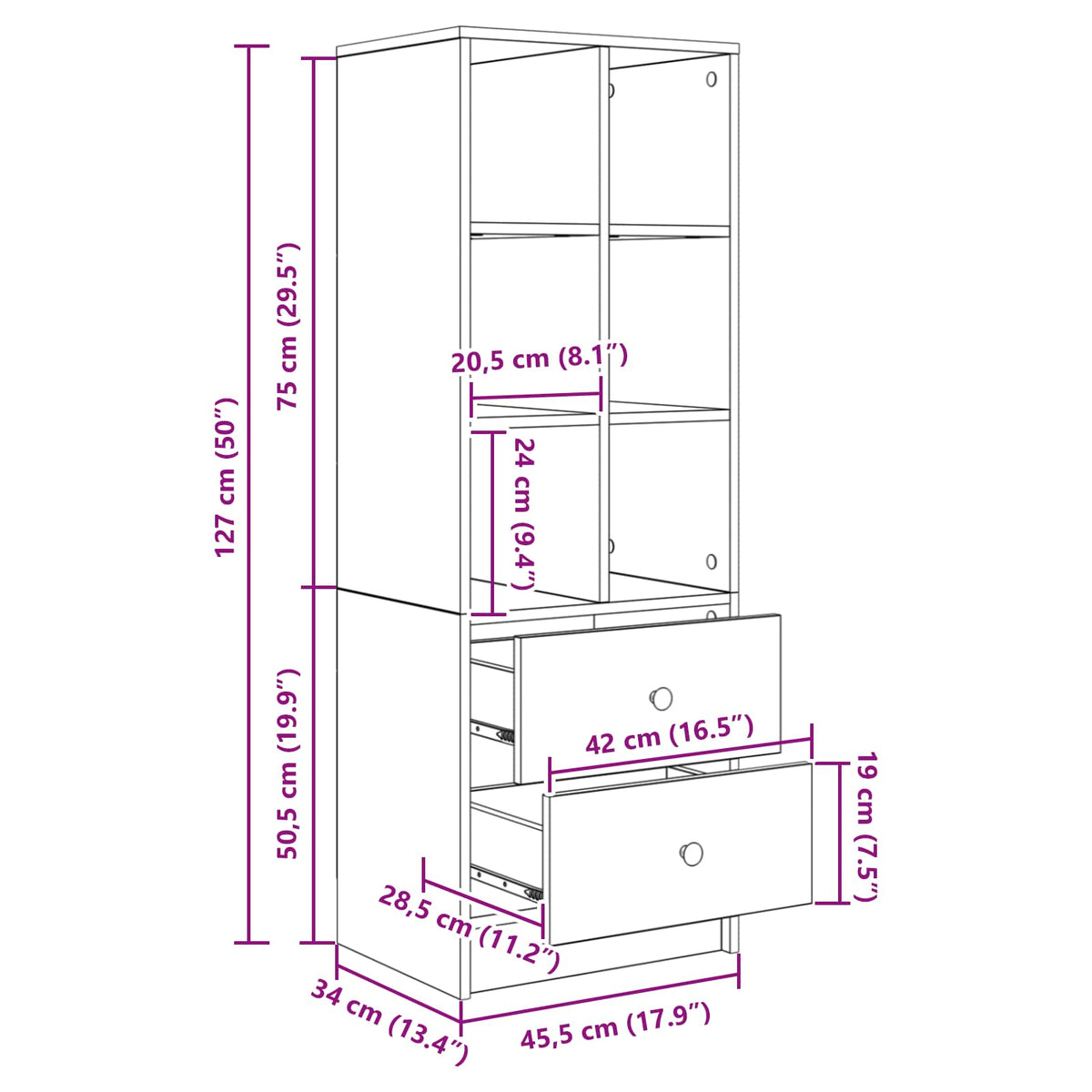 Highboard med skuffe Røget eg 45,5 x 34 x 127 cm