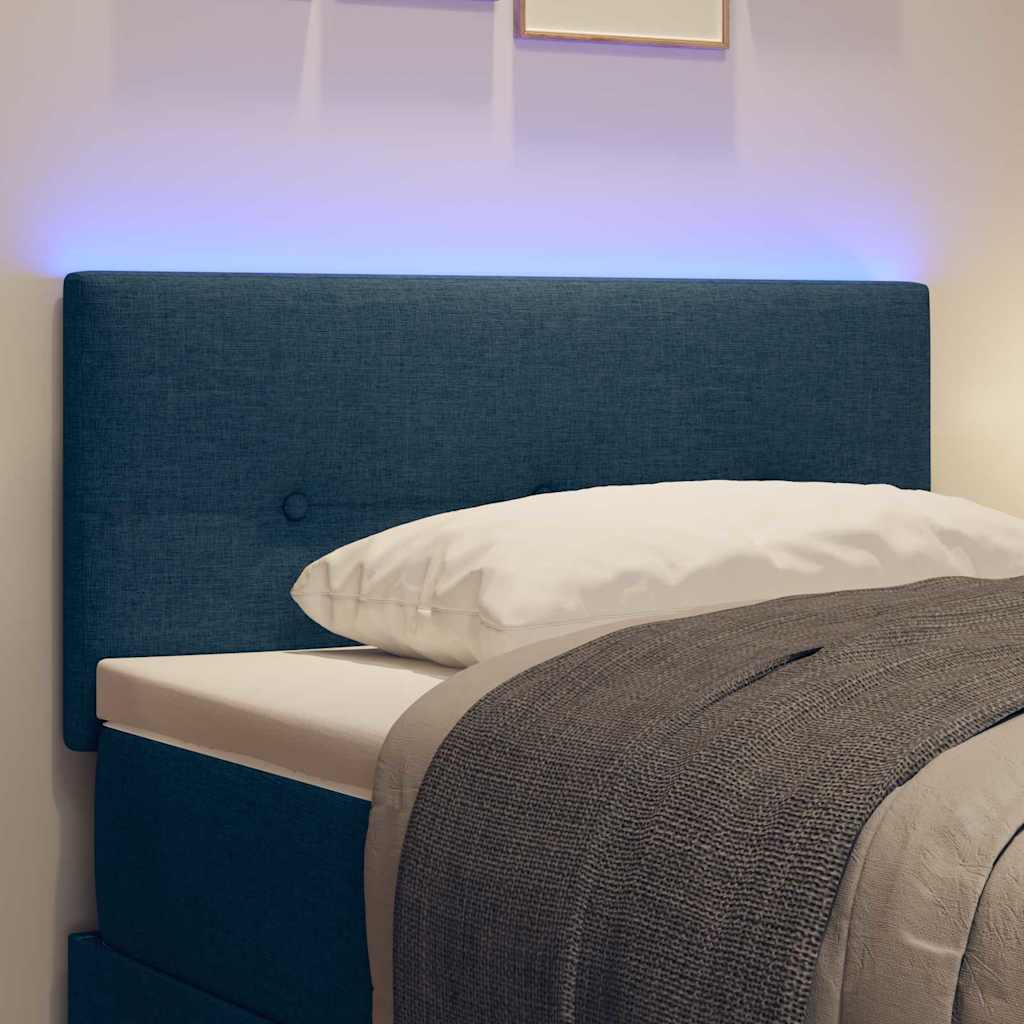 LED sengegavl med LED-lysstrimler med hovedgærde Blå 90 cm Stof