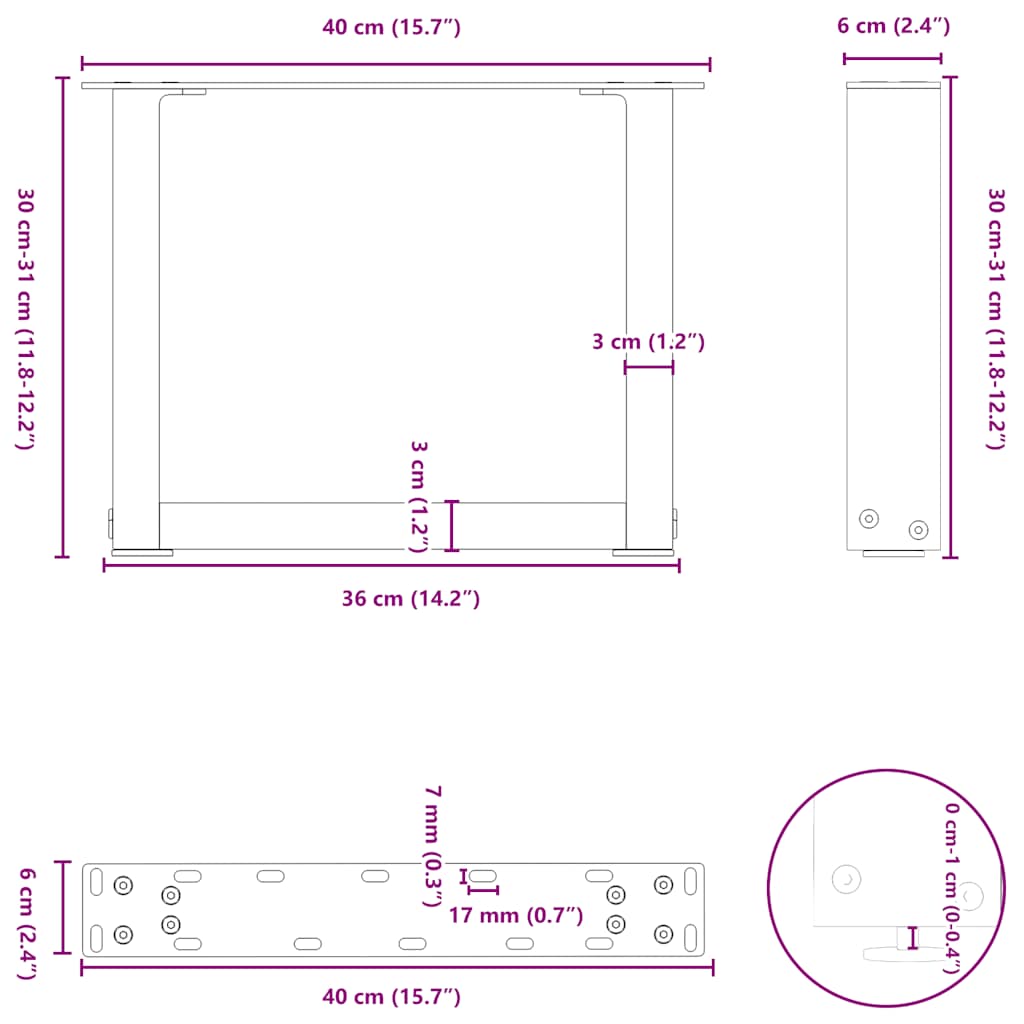 sofabordsben U-formet 2 stk. hvid 40x(30-31) cm stål