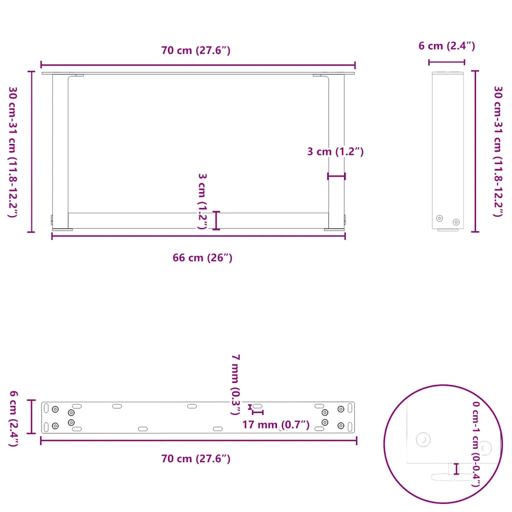 sofabordsben U-formet 2 stk. antracit 70x(30-31) cm stål