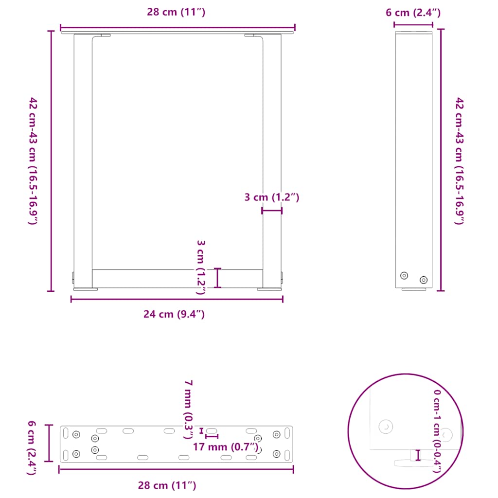 sofabordsben U-formet 2 stk. naturstål 28 x (42-43) cm stål