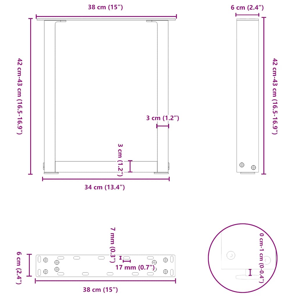 sofabordsben U-formet 2 stk. naturstål 38 x (42-43) cm stål