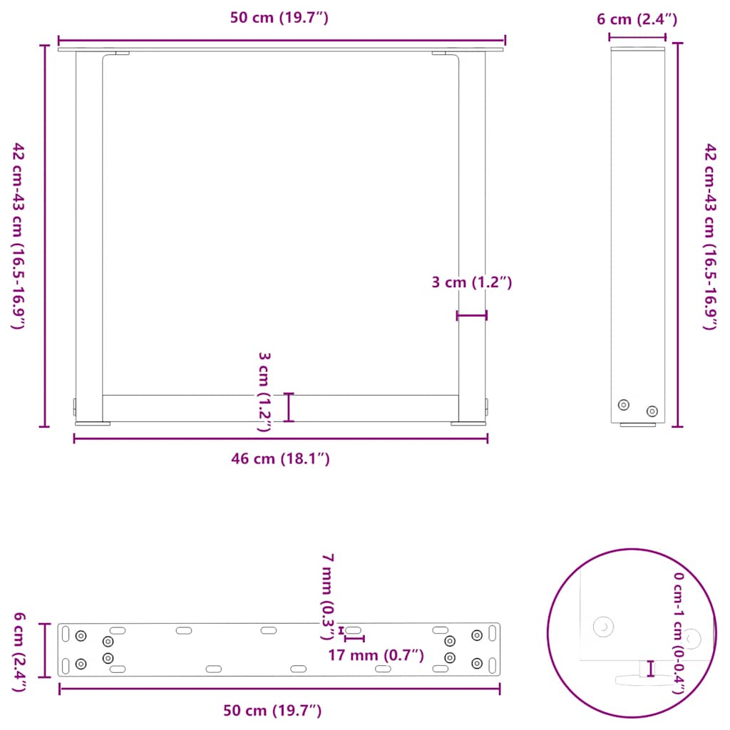 sofabordsben U-formet 2 stk. hvid 50x(42-43) cm stål
