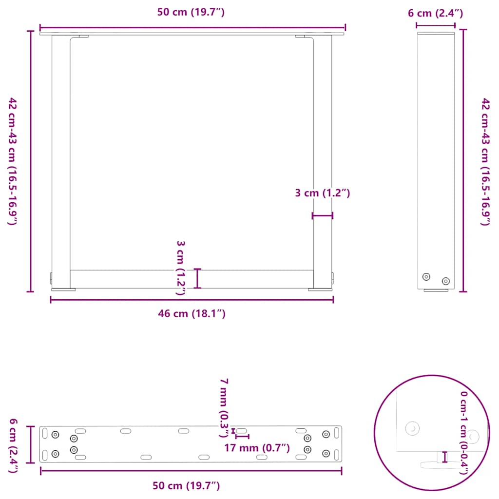 sofabordsben U-formet 2 stk. naturstål 50x(42-43) cm stål
