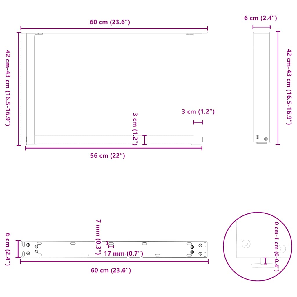 sofabordsben U-formet 2 stk. naturstål 60 x (42-43) cm stål