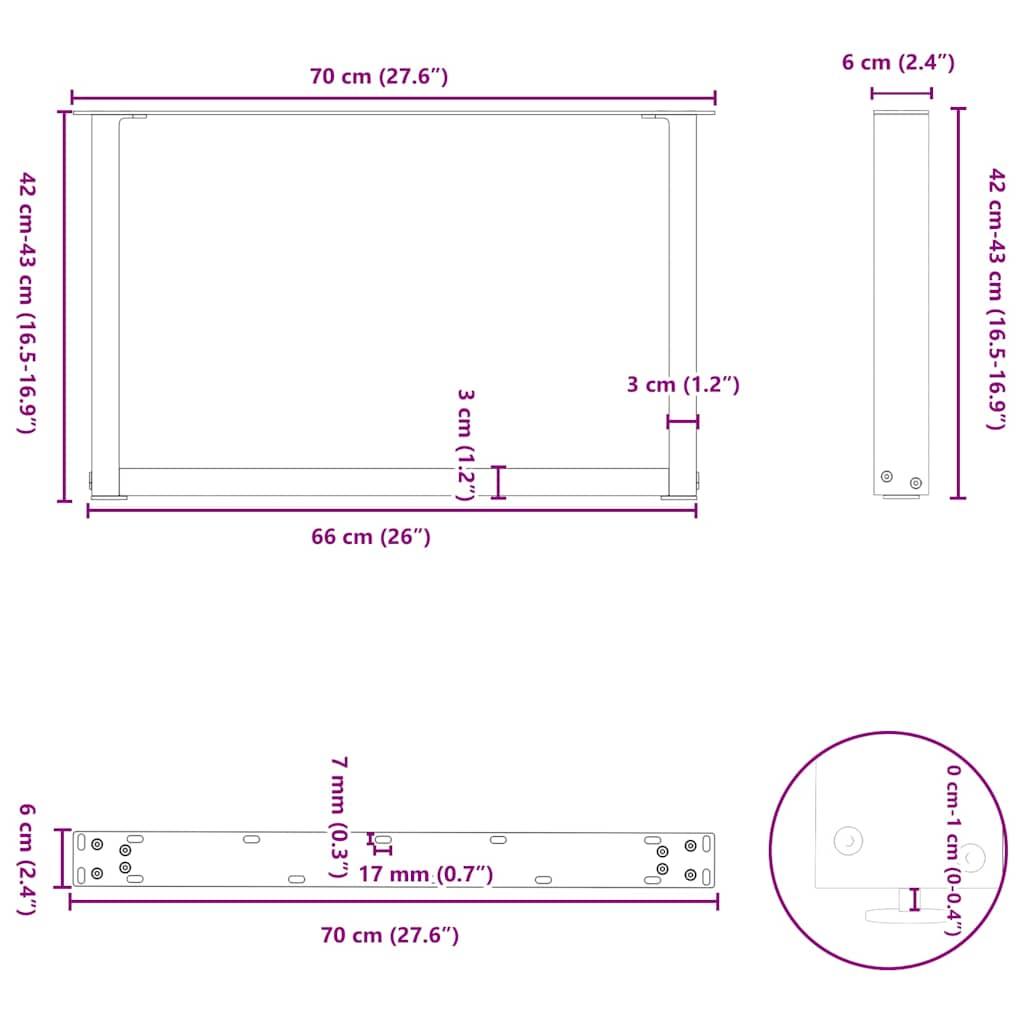 sofabordsben U-formet 2 stk. hvid 70 x (42-43) cm stål