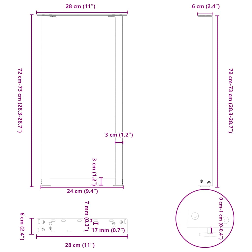 konsolbordben U-formet 2 stk. antracit 28 x (72-73) cm stål